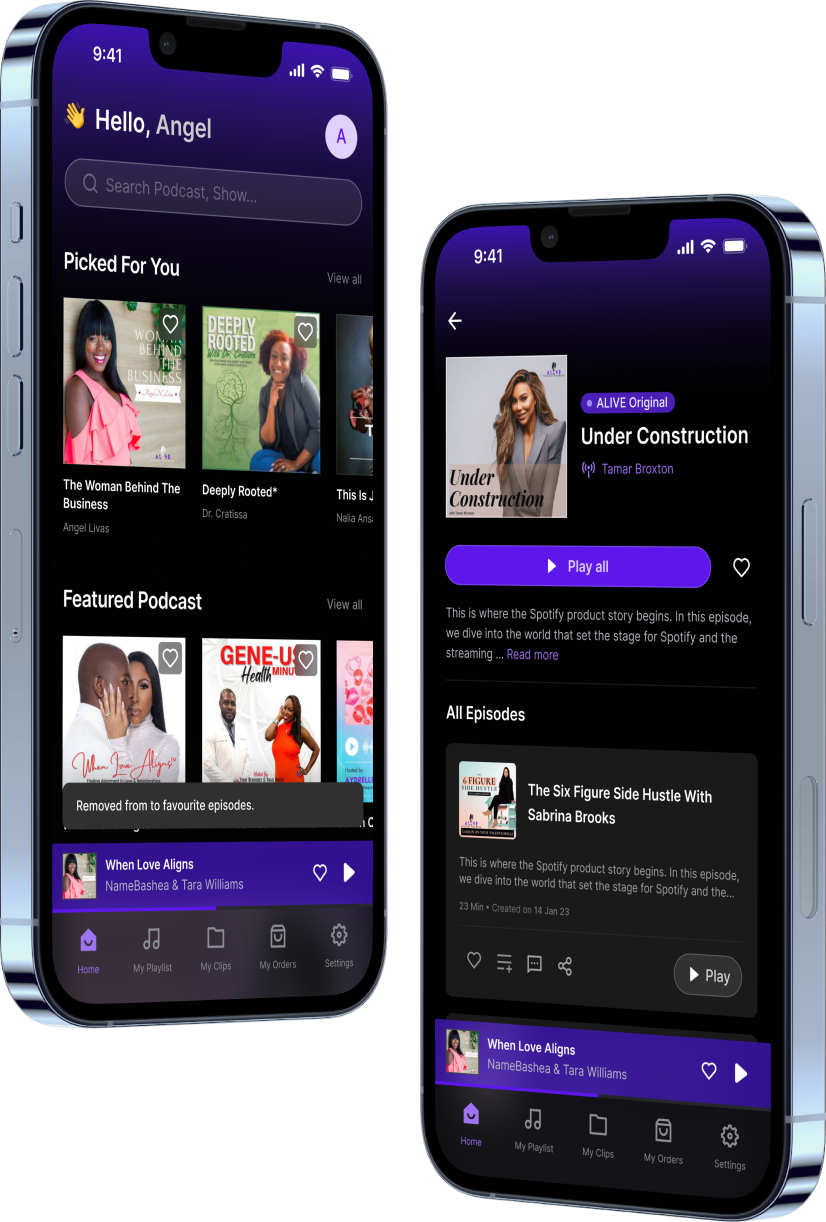 Mobile App Screens Showcasing Podcast Streaming UI Built by EvinceDev