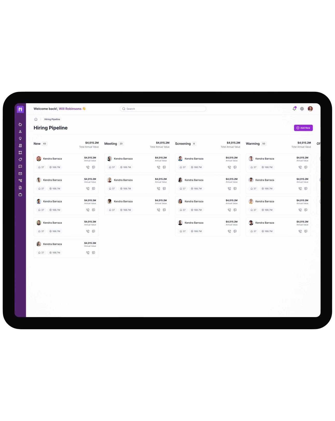 Hiring pipeline board with stage-wise candidate view