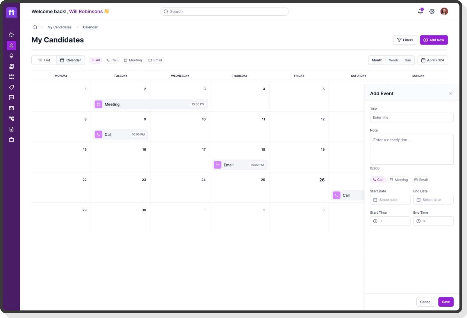 candidate calendar view with scheduled calls meetings and emails