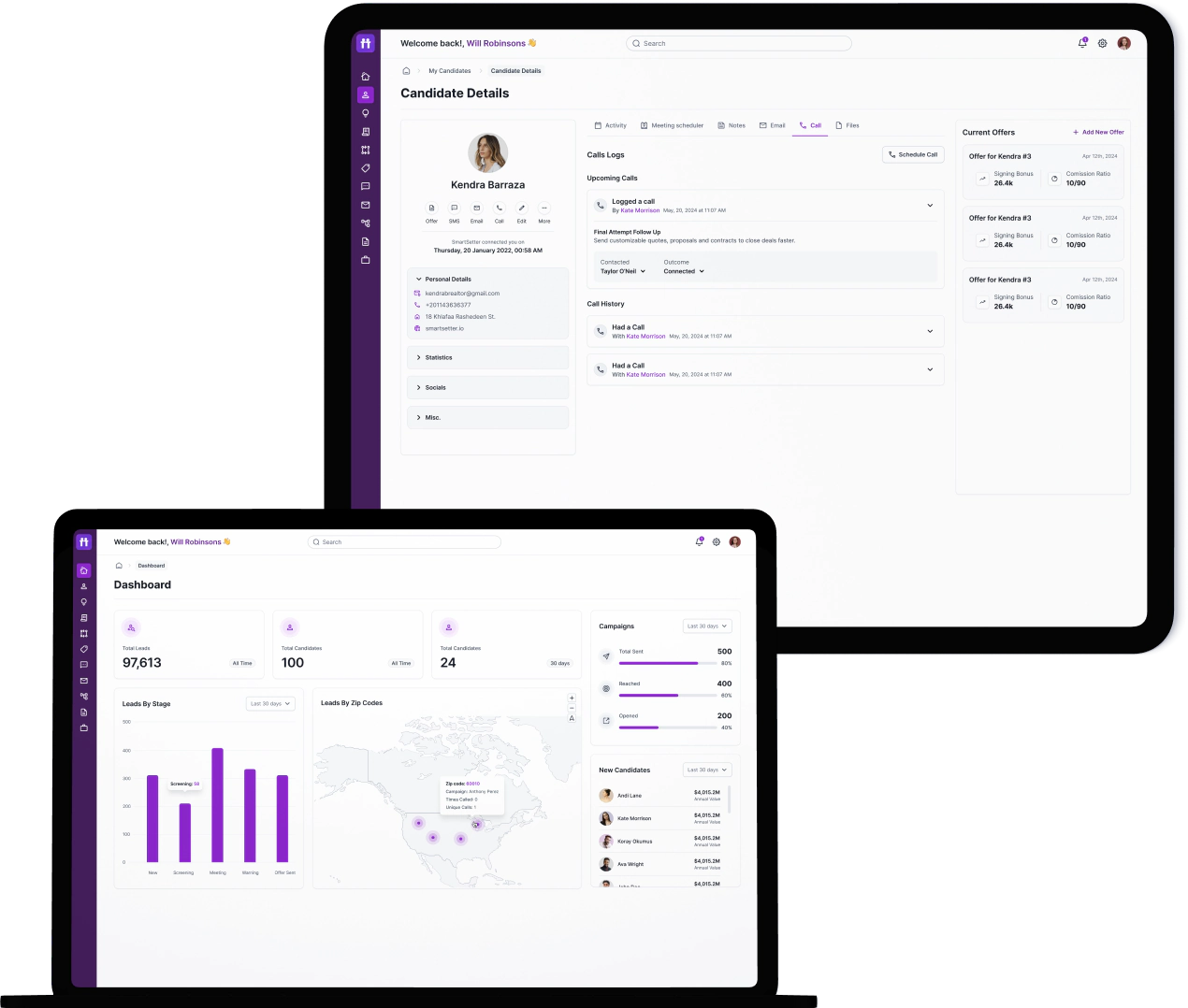 SmartSetter CRM dashboard with recruitment pipeline and analytics