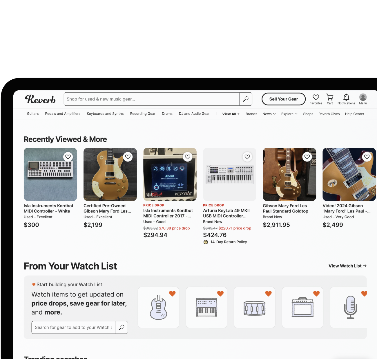 reverb marketplace interface showing music gear listings and watch list
