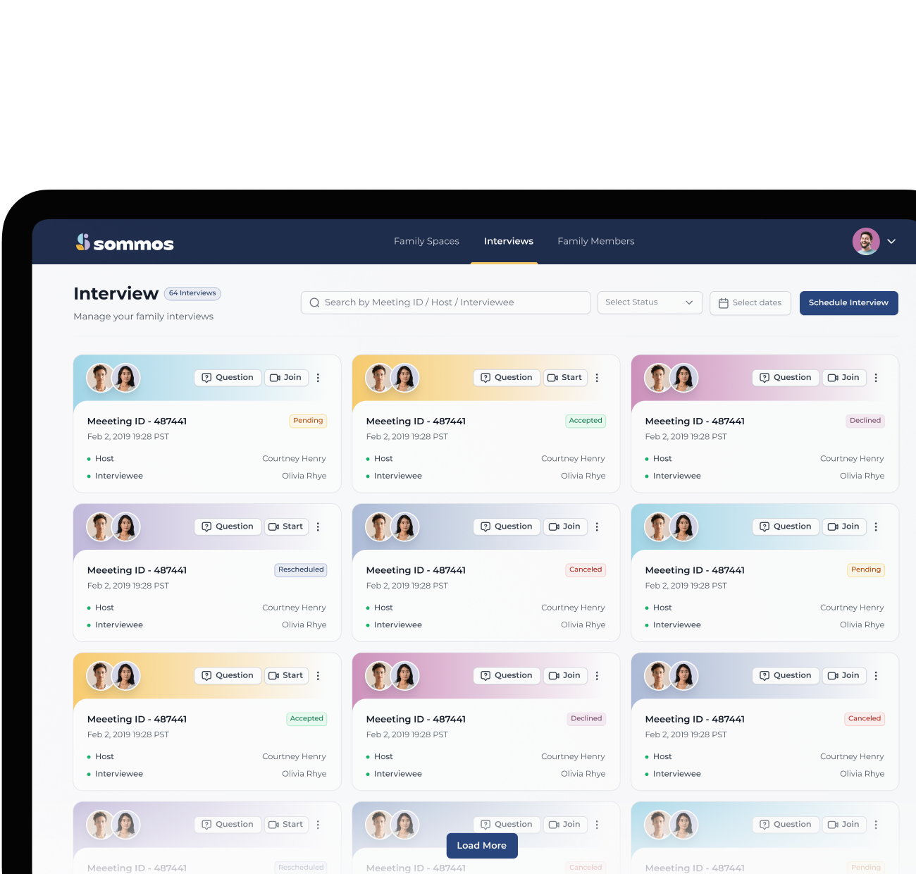 sommos interview scheduling and status dashboard interface