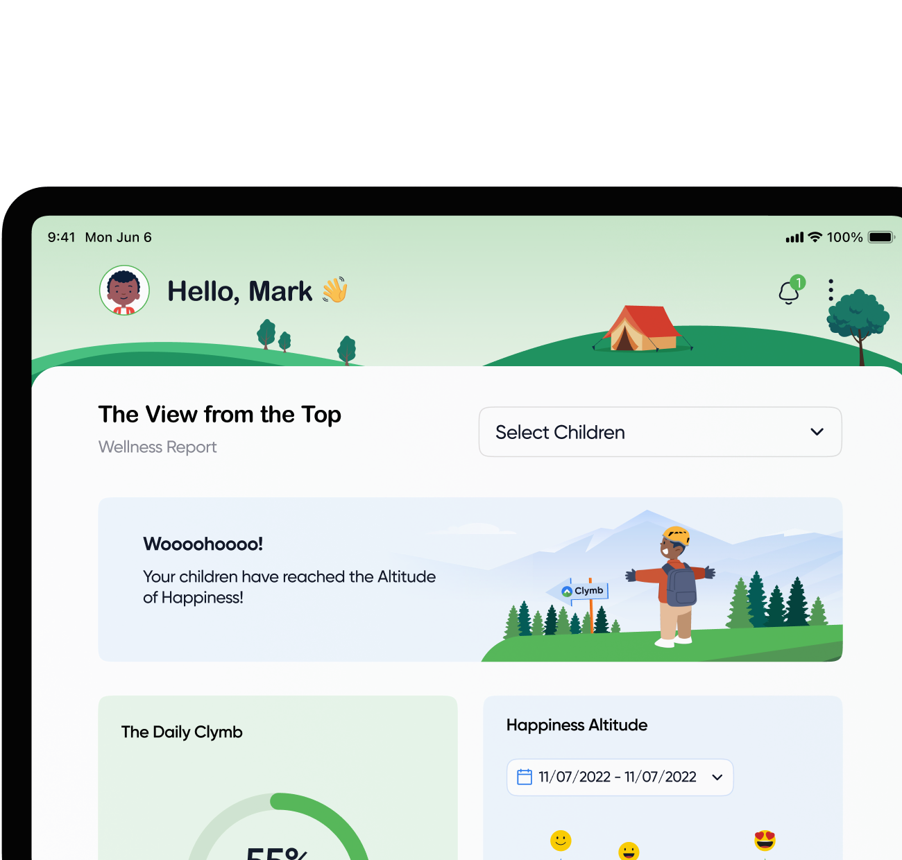 Child wellness dashboard interface from Clymb app with happiness progress and mountain-themed graphics