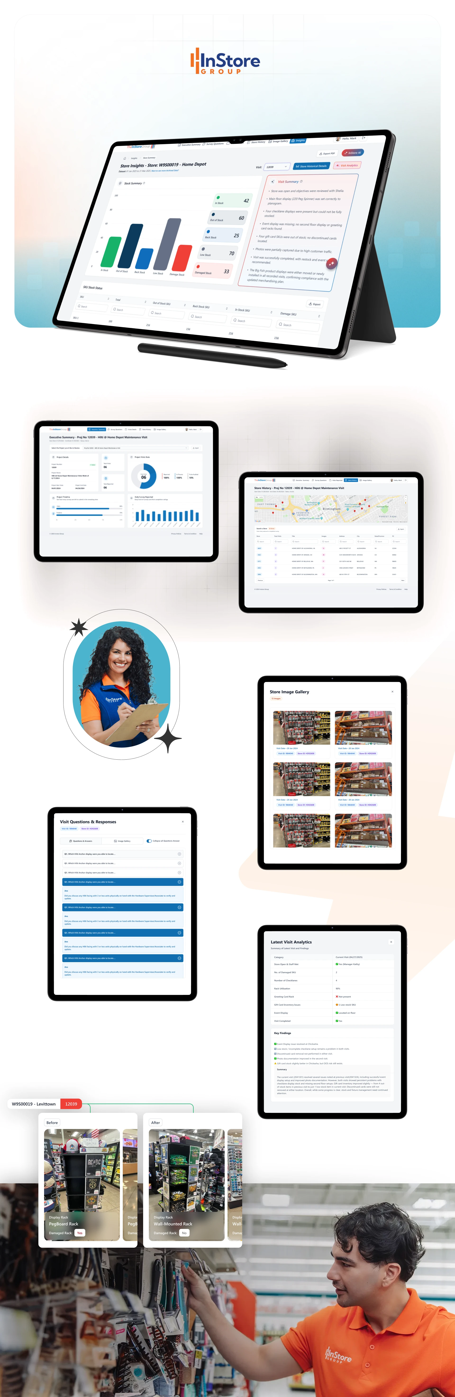 InStore Reporter screens showing dashboards, AI insights, maps