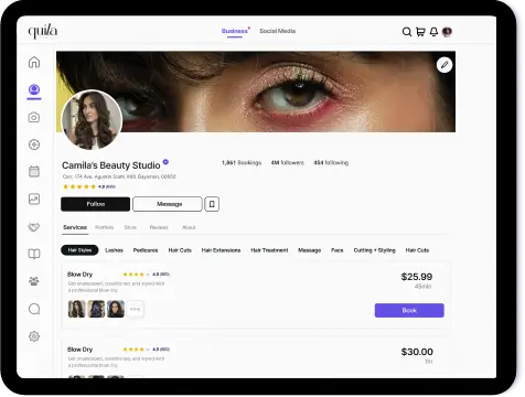 quila beauty marketplace interface showing beauty products and services