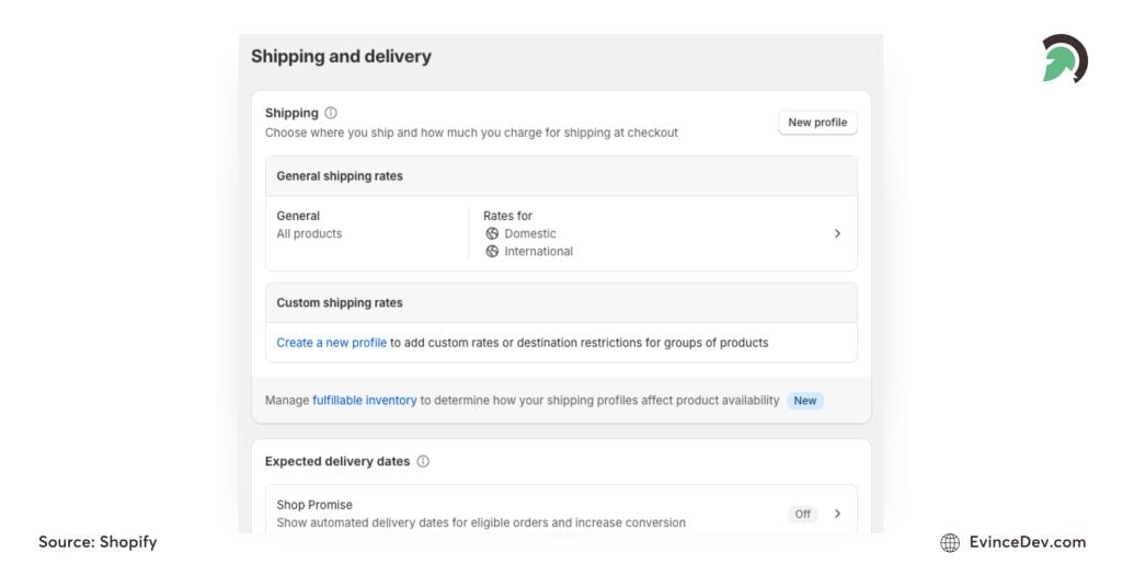 shipping and delivery screen in shopify