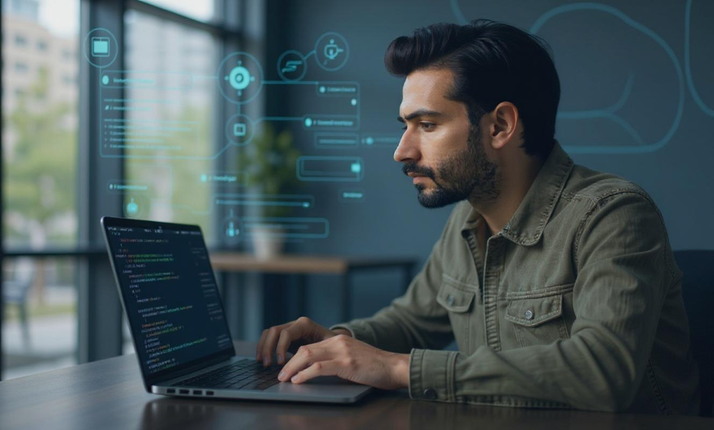 Developer working on mobile app backend code in a modern workspace at EvinceDev