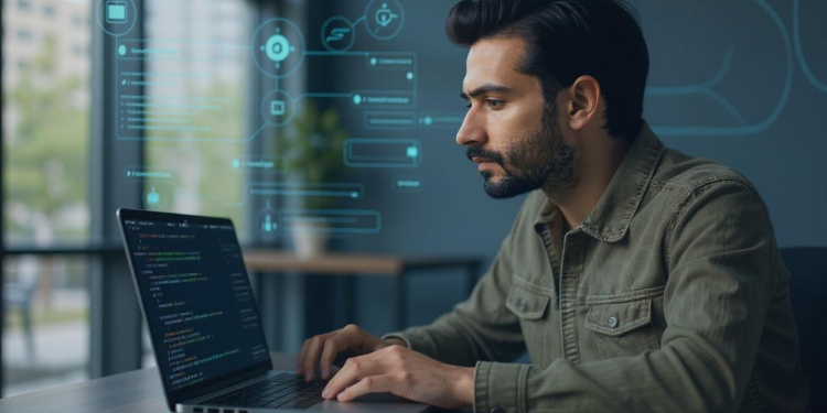Developer working on mobile app backend code in a modern workspace at EvinceDev
