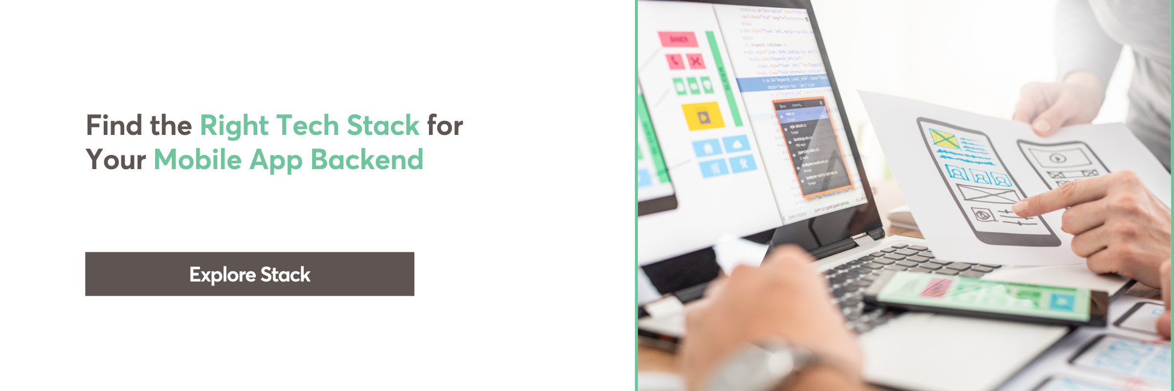 Developers planning mobile app UI with tech stack and wireframe sketches
